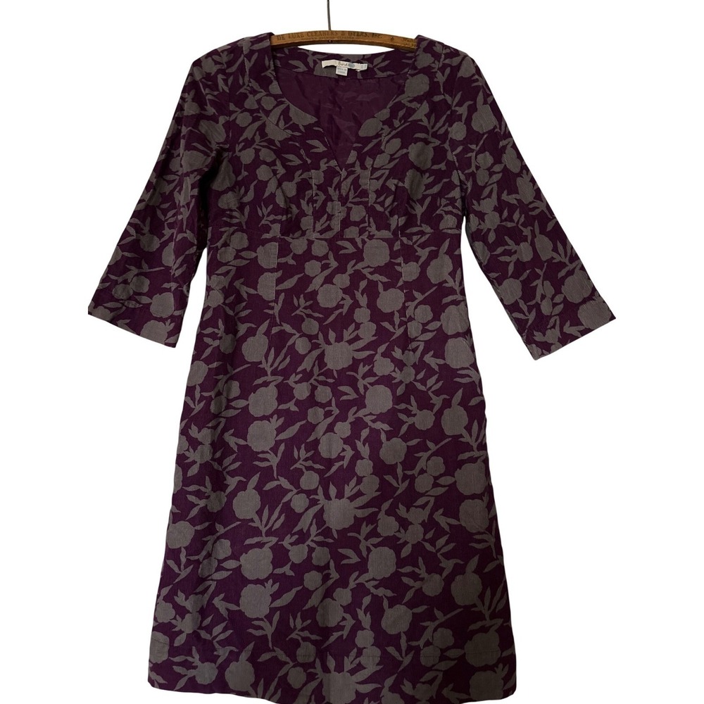 Boden 4R Purple Floral Corduroy‎ Shift Dress WH227 Cotton V-Neck 3/4 Sleeve
